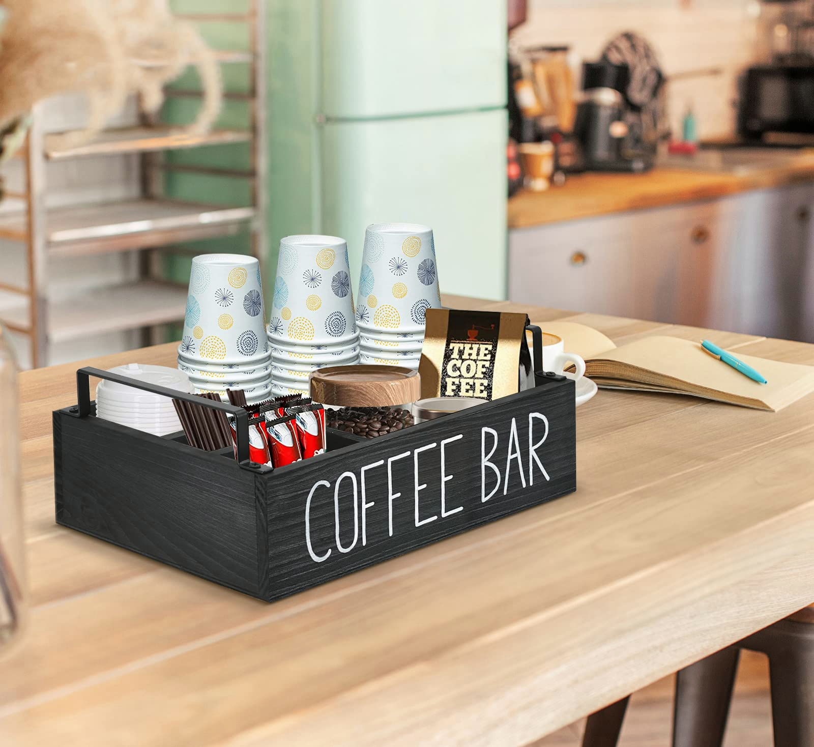Coffee Station Organizer Wooden Coffee Bar Accessories Organizer for Countertop, Farmhouse Kcup Coffee Pod Holder Storage Basket Coffee Bar Organizer
